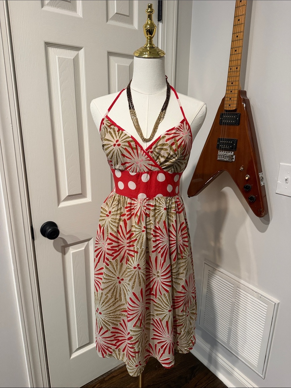 Fire Los Angeles Red and Cream Floral Halter Midi Dress with Polka-Dot Waist